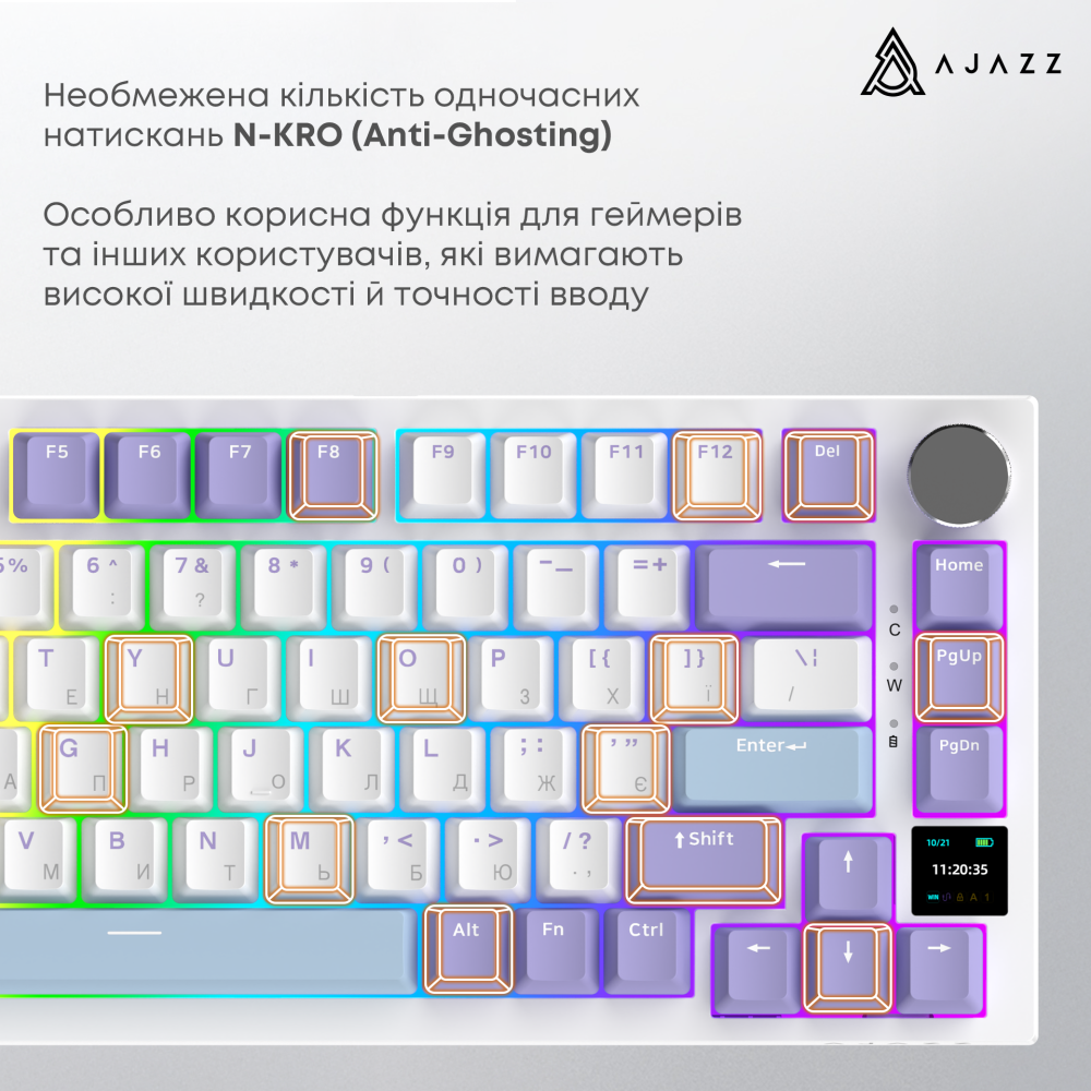 Бездротова механічна клавіатура Ajazz AK820 PRO 75% Flying Fish Switch White RGB (AK820PRO-FF-PWB)