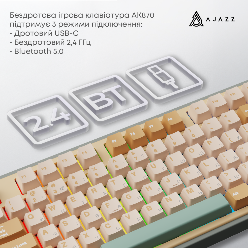 Бездротова механічна клавіатура Ajazz AK870 Jasmine Switch - Yellow (AK870-JS-YWG)