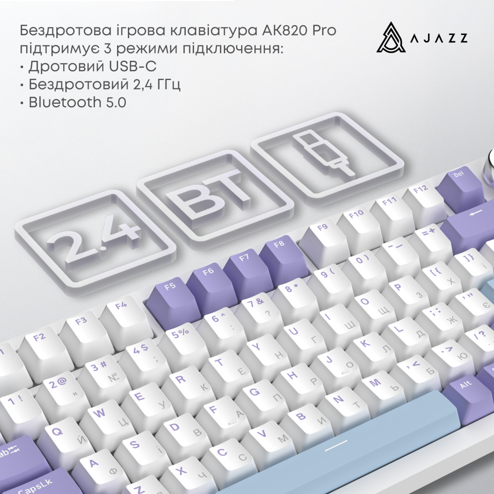 Бездротова механічна клавіатура Ajazz AK820 PRO 75% Flying Fish Switch White RGB (AK820PRO-FF-PWB)